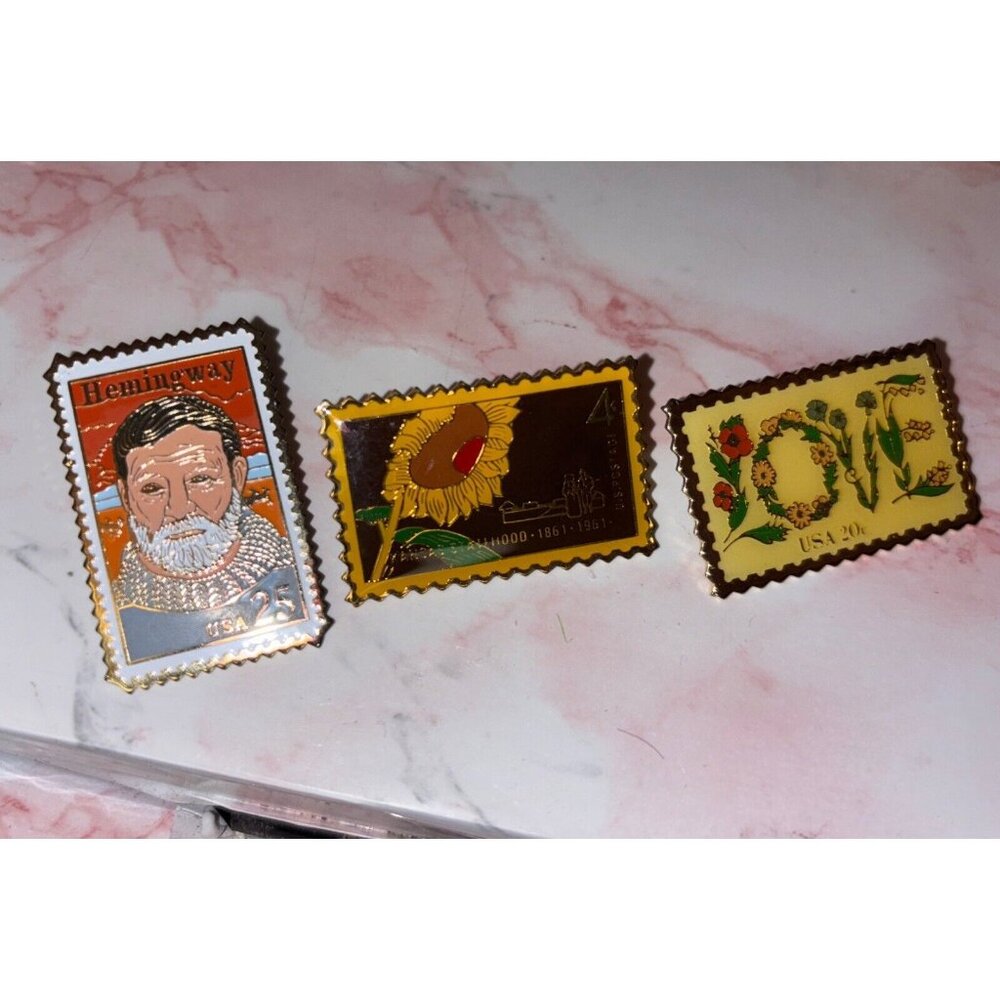 Hallmark Stamp Pins Lot Of 3 Love Hemingway Kansas